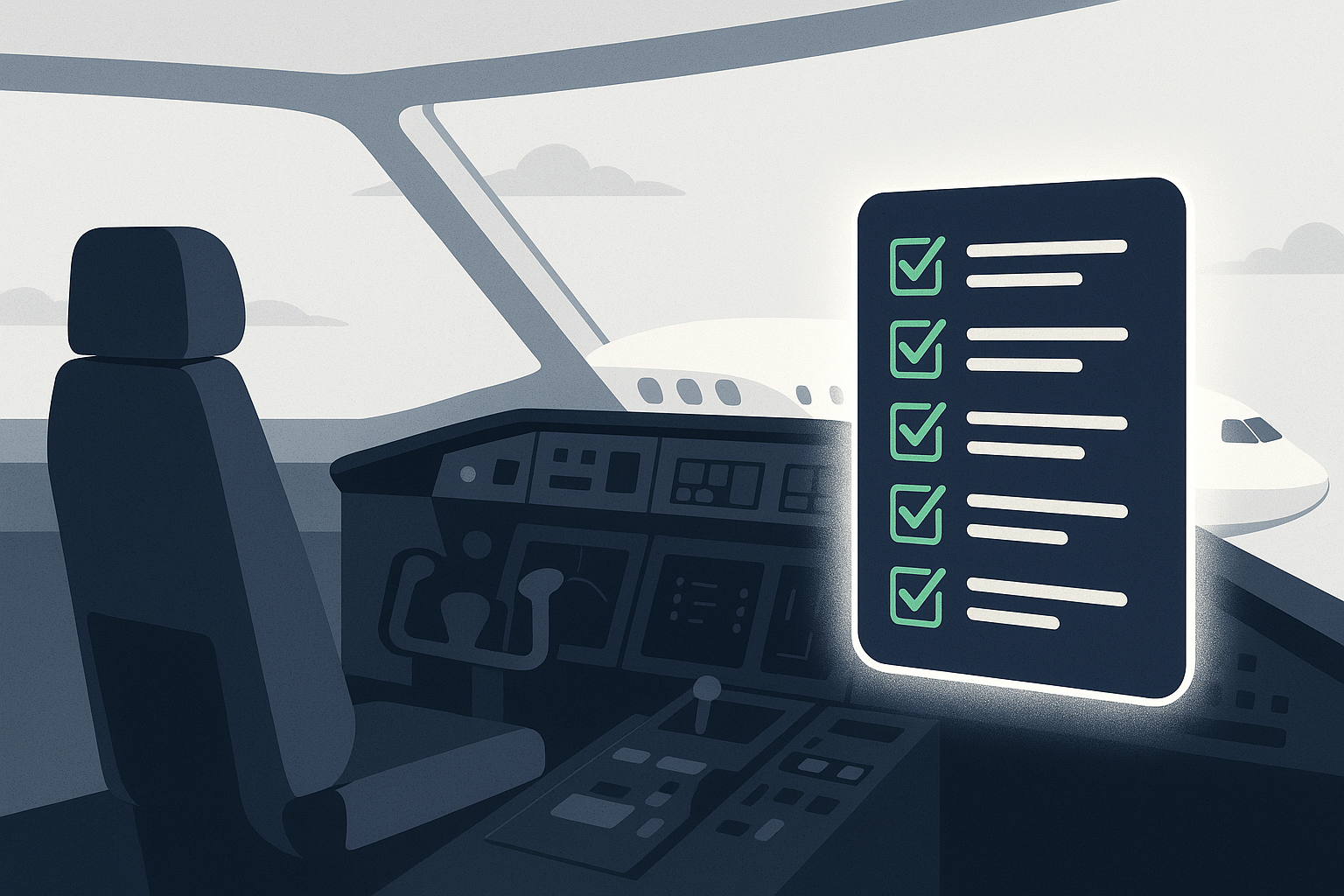 Pilot using pre-flight checklist in cockpit