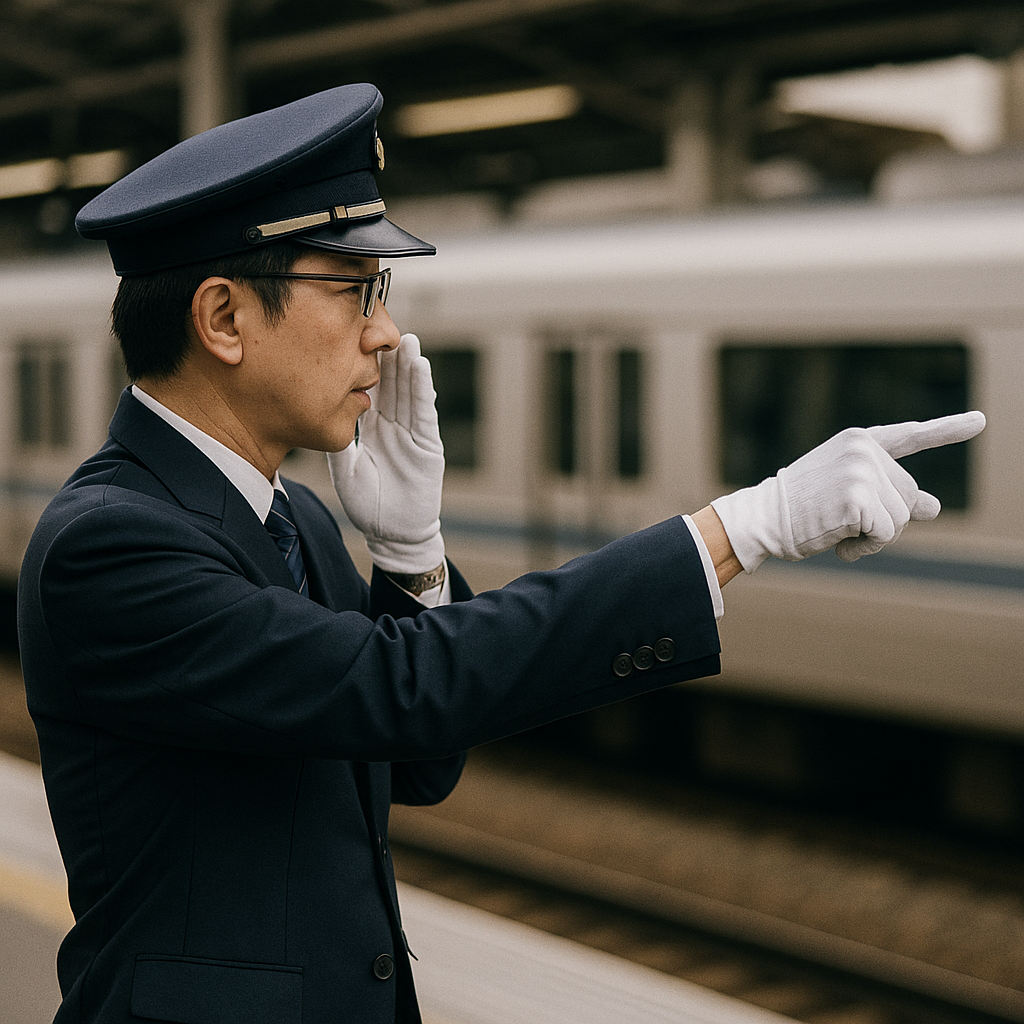Japanese railway worker performing pointing and calling safety check